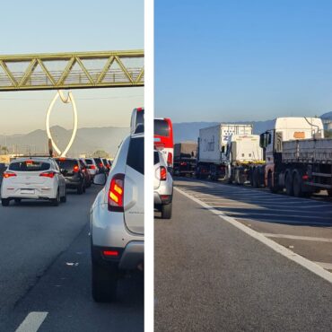 obras-na-rodovia-anchieta-paralisam-o-transito-na-saida-de-santos,-sp