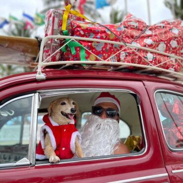 cachorro-fantasiado-de-rena-e-tutor-vestido-de-papai-noel-despertam-atencao-em-fusca-vermelho-pelo-litoral-de-sp