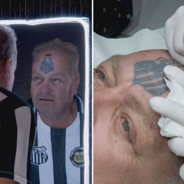 torcedor-fanatico-do-santos-fc-incrementa-tatuagem-na-testa-com-‘coroa-de-pele’;-video