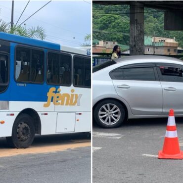 onibus-desvia-de-fila-de-veiculos,-bate-em-carro-e-fica-atravessado-na-rua;-video