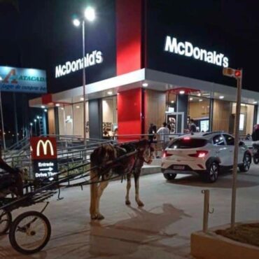 homem-vai-de-charrete-guiada-por-cavalo-em-drive-thru-de-fast-food-recem-inaugurado-no-litoral-de-sp