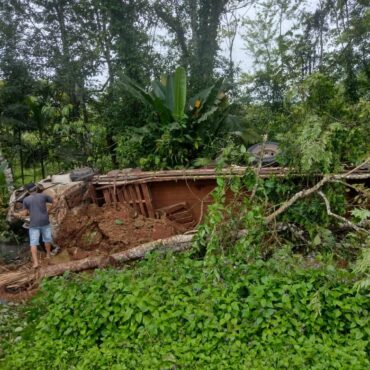 caminhao-com-grama-tomba-e-motorista-fica-preso-nas-ferragens-no-litoral-de-sp