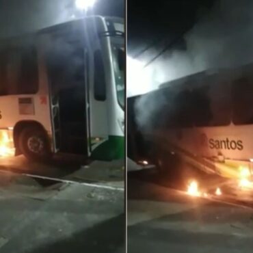 onibus-sao-incendiados-em-santos,-sp,-motorista-fica-ferido-e-parte-do-transporte-publico-e-suspenso;-video