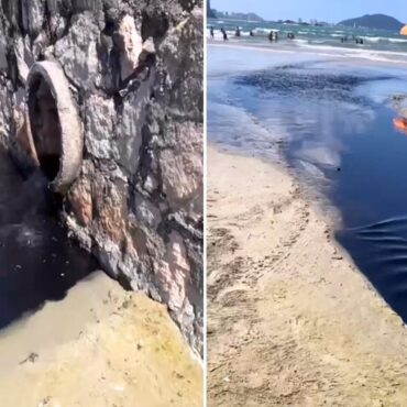 agua-escura-escoa-para-o-mar-em-praia-do-litoral-de-sp;-video